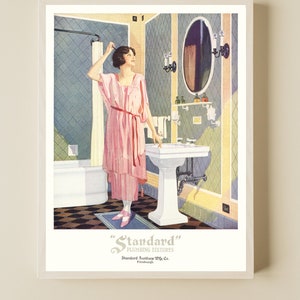 Vintage 1920's DECO Bath Tub Bathroom Sink Tile Pink Flapper Dress Girl Hair Style Beauty Advertising Poster Fine Art Print