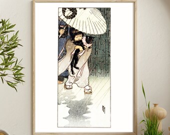 Antique Japanese Little Girl Pet BLACK CAT Umbrella Rain Japan Woodcut Wall Poster Fine Art Print