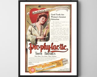 Antique Prophylactic Toothbrush Love Heart Girl Dental Hygiene Dentist GOOD TEETH Advertising Wall Poster Bathroom Fine Art Print