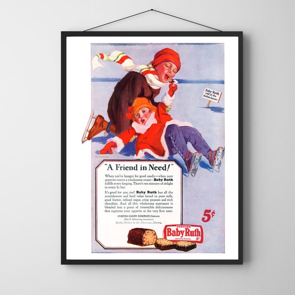 Vintage Baby Ruth CHOCOLATE Candy Bar ICE SKATING Winter Kids Children Friends Kitchen Ad Fine Art Wall Print