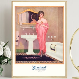 Vintage 1920&#39;s Deco Wall Art Pink Dress Flapper Girl Bathroom Bath Tub Sink Decorating Advertising Poster Fine Art Print
