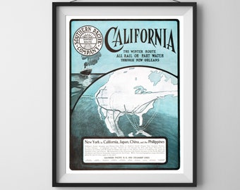 Antique 1900's CALIFORNIA Cruise Ship Turquoise Globe Map TRAVEL Vacation Advertising Poster Fine ART Print