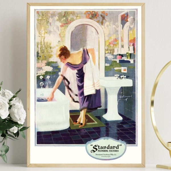 Vintage 1920's Deco Wall Art Purple Blue Bathroom Bath Tub Sink Tile Mural Flapper Girl Bath Advertising Poster Fine Art Print