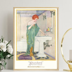 Vintage 1920&#39;s DECO Bath Tub Sink Bathroom REDHEAD Green Peacock Feather Robe Girl Hair Beauty Style Poster Fine Art Print