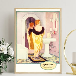 Vintage 1920's DECO Bath Tub Sink Pink Bathroom REDHEAD Yellow Robe Flapper Girl Hair Beauty Poster Wall Fine Art Print