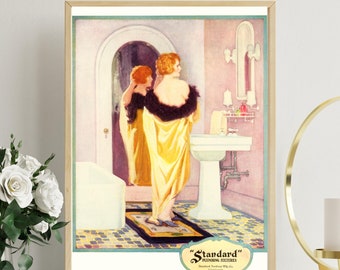 Vintage 1920's DECO Bath Tub Sink Pink Bathroom REDHEAD Yellow Robe Flapper Girl Hair Beauty Poster Wall Fine Art Print