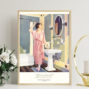 Vintage 1920's DECO Bath Tub Bathroom Sink Tile Pink Flapper Dress Girl Hair Style Beauty Advertising Poster Fine Art Print