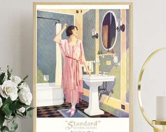 Vintage 1920&#39;s DECO Bath Tub Bathroom Sink Tile Pink Flapper Dress Girl Hair Style Beauty Advertising Poster Fine Art Print