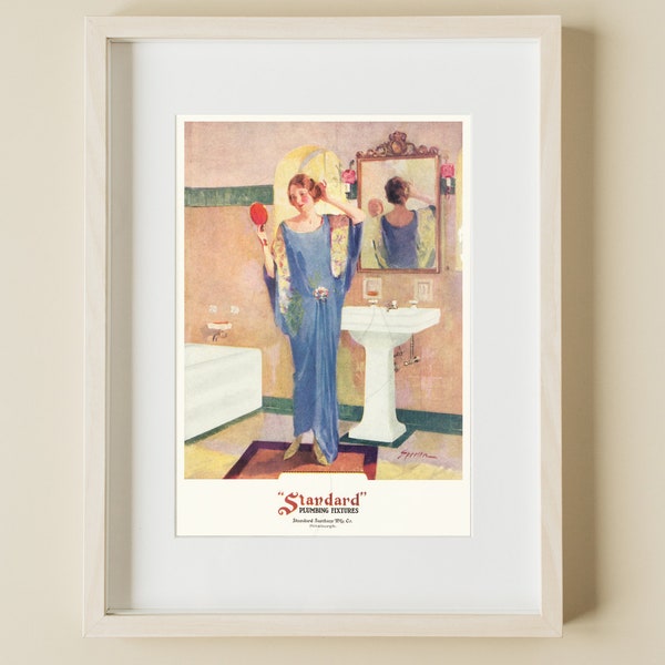 Vintage 1920's DECO Blue Flapper Girl Dress BATHROOM Bath Bathtub Sink Beauty Advertising Poster Reproduction Fine Art Print