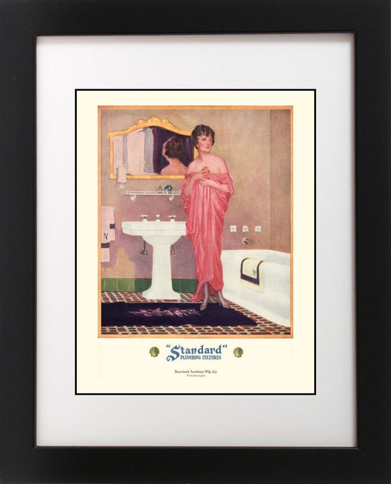 Vintage 1920 S Deco Pink Dress Flapper Girl Bathroom Bath Tub Sink Decorating Advertising Poster Art Print