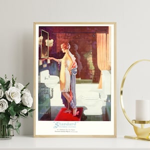 Déco murale vintage des années 1920, beauté, fille à clapet, salle de bain, lavabo, baignoire, décoration, affiche publicitaire, impression d'art