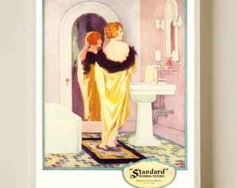 Vintage 1920's DECO Bath Tub Sink Pink Bathroom REDHEAD Yellow Robe Flapper Girl Hair Beauty Poster Wall Fine Art Print