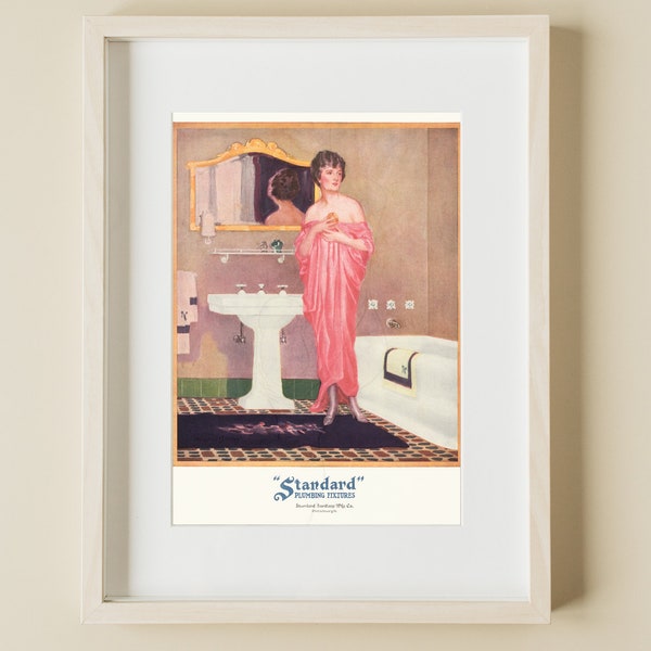 Vintage 1920's DECO Pink Dress Flapper Girl BATHROOM Bath Tub Sink Decorating Advertising POSTER Fine Art Print