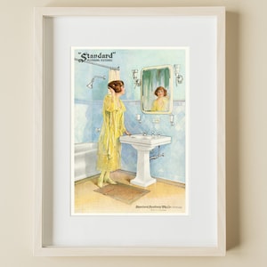 Vintage 1920's DECO Bath Tub Sink Blue Bathroom Yellow Flapper Dress Girl Hair Style Beauty Advertising Poster Fine Art Print