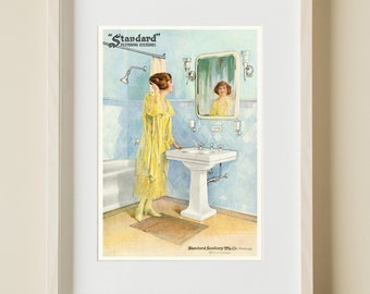 Vintage 1920's DECO Bath Tub Sink Blue Bathroom Yellow Flapper Dress Girl Hair Style Beauty Advertising Poster Fine Art Print