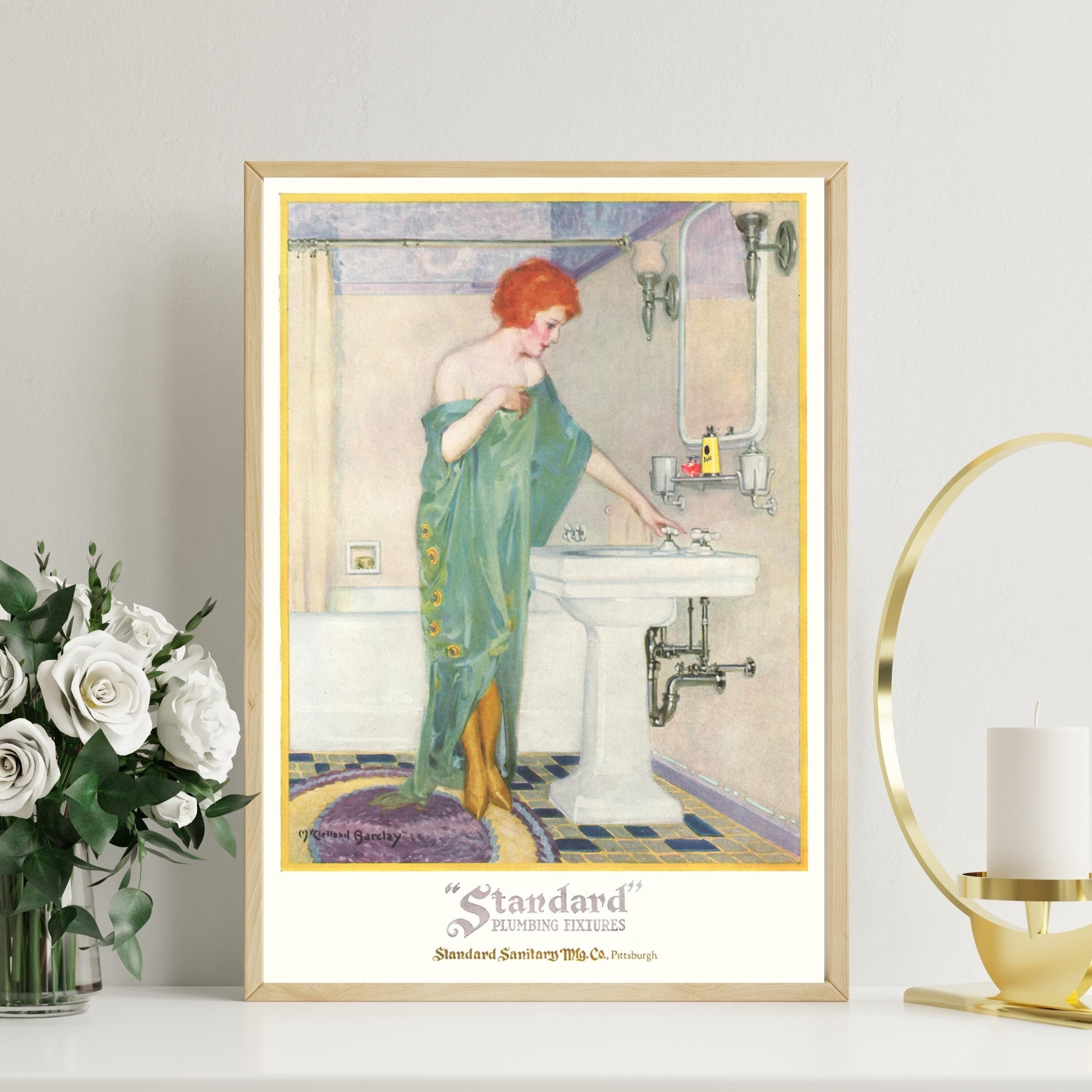 Vintage 1920's DECO Bath Tub Sink Bathroom REDHEAD Green Peacock Feather Robe Girl Hair Beauty Style Poster Fine Art Print