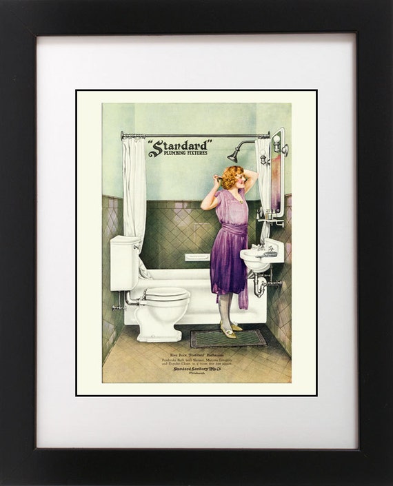 VTG 1920/'s Green Peacock Robe BATH Redhead Hair Flapper Girl Bathroom Art Print