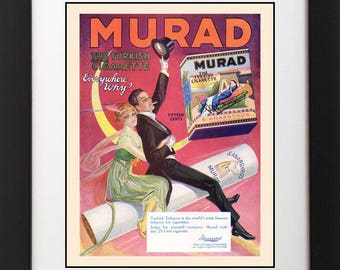 Vintage Murad FLYING Cigarette Moon Tuxedo Man Party Girl Poster Nouveau Tobacco Advertising Poster Art Print