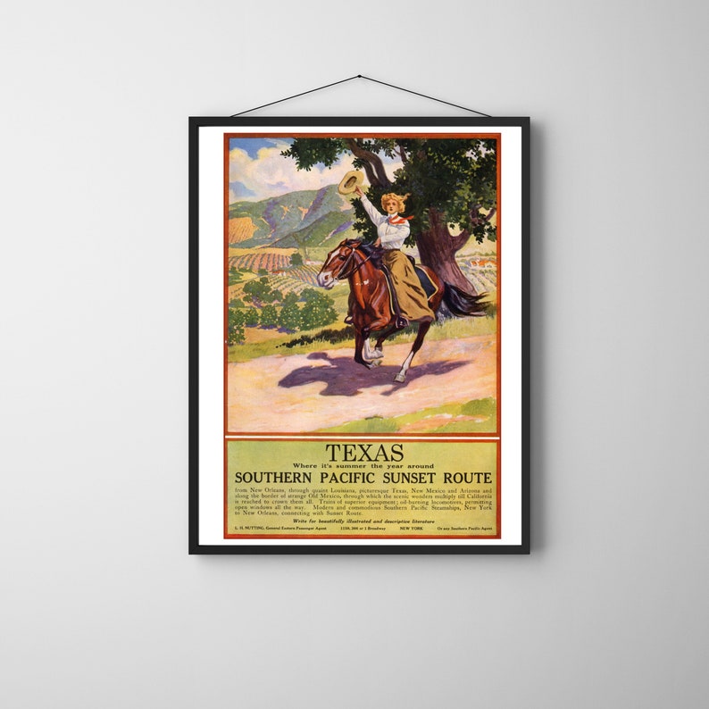 Antique TEXAS COWGIRL Quarter Horse Equestrian Western Railroad Travel Advertising Poster Fine Art Wall Print image 1