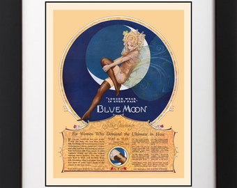 1920's vintage BLUE MOON Stockings Lingerie Sexy FAIRY Wings Girl Fashion Ad Advertising Poster Art Print