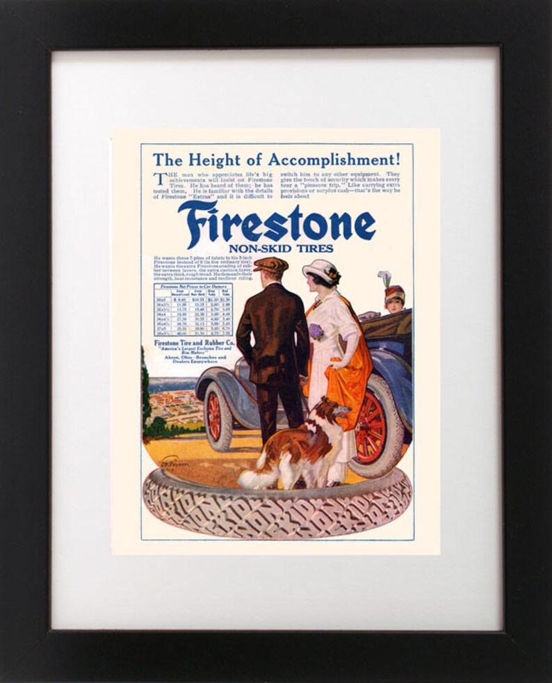 Antique 1920's Firestone Tire Advertising Poster COLLIE Dog Automobile Auto Car Repro Art PRINT image 1