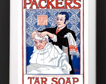 Antique Packers Tar Soap Shampoo BARBER SHOP Man Hair Salon Reproduction Bathroom Red Blue Fine Art Print