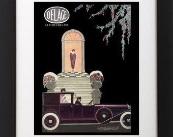 Vintage French Car ART NOUVEAU Delage AUTO Woman Chauffeur Winter Mansion Advertising Poster Print