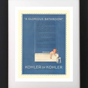 Vintage 1920's BLUE BATHROOM Fixture Bath Tub REDHEAD Baby Girl Childrens Art Print
