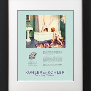 Póster artístico vintage de la década de 1920 con diseño de baño infantil en azul y morado, bañera y lavabo, Kohler.