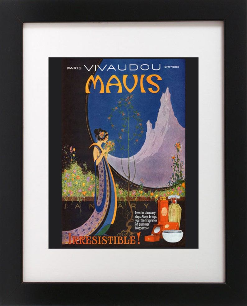 Vintage 1920's Nouveau MOUNTAIN Flower Woman January PERFUME Bottle Beauty Bath Poster Art Print image 1