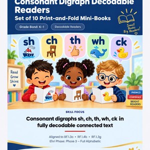 May include: A set of 10 print-and-fold mini-books titled Consonant Digraph Decodable Readers. The cover features three children reading books with illustrations of sh, ch, th, wh, and ck digraphs. Text includes Foundation of Reading Method and Start Right Tutoring Services.
