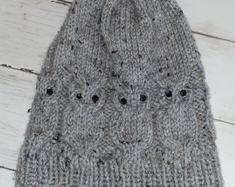 Gray Owl Chemo Cap- Warm Knit Winter Hat- Ski Hat- Optional Gray Pompom