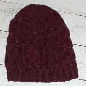 Deep Red Cable Kit Hat, Chemo Cap, Winter Hat, Knit Hat