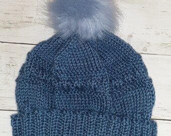 Cornflower Blue Chemo Cap- Warm Winter Knit Hat with Brim- Cornflower Blue with Optional Fur Pompom