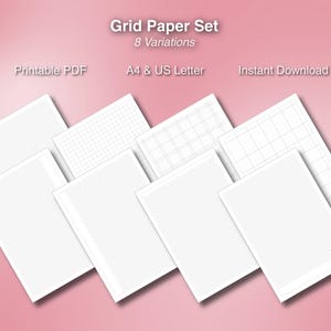May include: A set of eight white grid paper variations, including dot grid and graph paper styles, arranged on a pink background. The text "Grid Paper Set" and "8 Variations" are at the top. Additional text includes "Printable PDF", "A4 & US Letter", and "Instant Download".