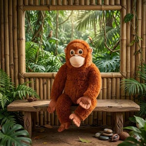 May include: A plush orangutan toy with brown fur, sitting on a wooden bench. The toy has a light-colored face and large, expressive eyes. The background features a bamboo frame and lush green foliage, creating a jungle scene.