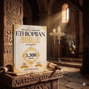 May include: A hardcover book titled "The Most Complete Ethiopian Bible In English" with gold accents, displayed on a stone surface. The book cover features the text "1,300 Books" and other details. The image is set in a church-like interior with religious artifacts.