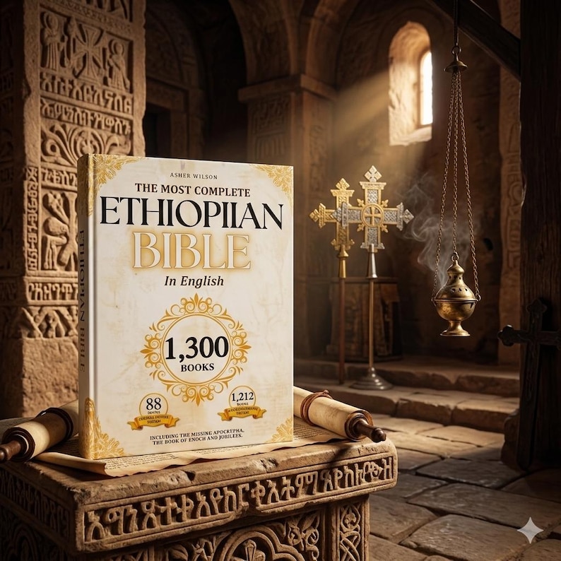 K&ouml;nnte beinhalten: Ein Hardcover-Buch mit dem Titel "The Most Complete Ethiopian Bible In English" mit goldenen Akzenten, das auf einer Steinoberfl&auml;che pr&auml;sentiert wird. Das Buchcover zeigt den Text "1.300 B&uuml;cher". Das Bild ist in einem kirchen&auml;hnlichen Innenraum mit religi&ouml;sen Artefakten aufgenommen.