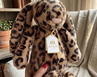 Leopard Print Bunny Plush – Long Eared Softie, Jungle Safari Nursery Decor.