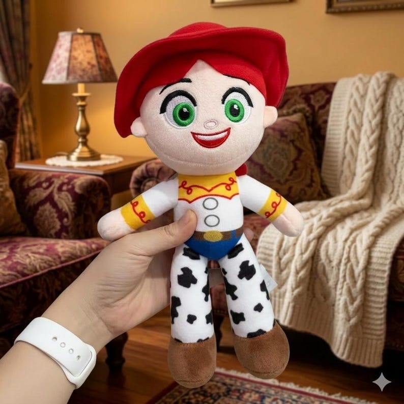 K&ouml;nnte beinhalten: Eine Pl&uuml;schpuppe einer Figur aus dem Toy Story-Franchise. Die Puppe hat einen roten Hut, rotes Haar und gr&uuml;ne Augen. Sie tr&auml;gt ein wei&szlig;es Hemd mit gelben Akzenten, einen blauen G&uuml;rtel und eine Hose mit Kuhmuster. Die Stiefel der Puppe sind braun.