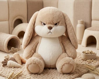 Grumpy Bunny Plushie – Angry Rabbit Stuffed Animal, Long Floppy Ears, Beige Kawaii Toy.