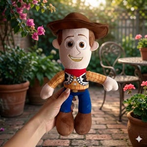 K&ouml;nnte beinhalten: Ein Pl&uuml;schtier eines Cowboy-Charakters mit braunem Hut, gelbem kariertem Hemd, blauer Hose und braunen Stiefeln. Das Spielzeug hat ein rotes Halstuch und ein l&auml;chelndes Gesicht. Das Spielzeug wird vor einem Gartenhintergrund gehalten.