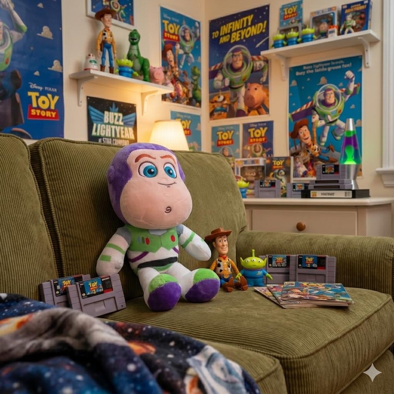 K&ouml;nnte beinhalten: Ein Pl&uuml;schtier von Buzz Lightyear sitzt auf einem gr&uuml;nen Cordsofa, zusammen mit einer Woody-Figur und einem Alien-Spielzeug. Der Raum ist mit Toy Story-Postern, Regalen mit Figuren und Videospielkassetten dekoriert, was eine thematische Darstellung ergibt.