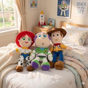 May include: Three plush Toy Story character dolls: Jessie, Buzz Lightyear, and Woody. Jessie wears a red hat, Buzz has a green and purple suit, and Woody dons a cowboy hat. The dolls are on a bed with a patterned comforter, with framed art in the background.