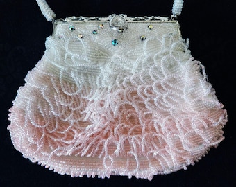 Japanese Off White & Pink Beaded Hand Bag Flapper Style H2002 Purse