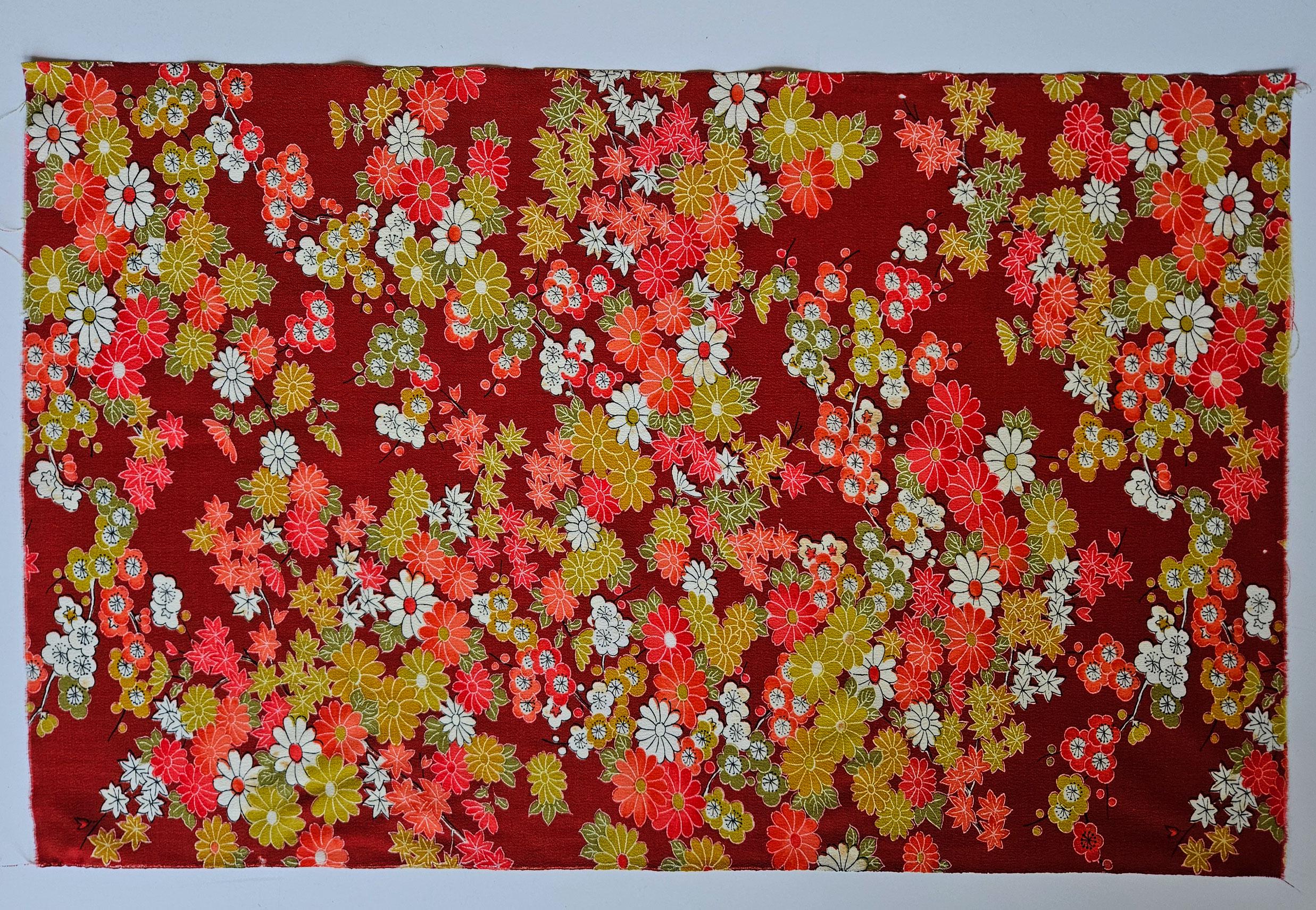 Japanese Kimono Fabric H1574 - Bright Orange and Rust Wool Remnant