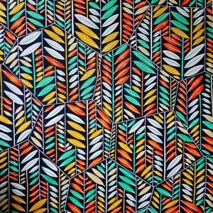 May include: A black fabric with a repeating pattern of colorful leaves and geometric shapes. The leaves are in shades of orange, yellow, green, and white. The geometric shapes are in shades of orange and yellow.