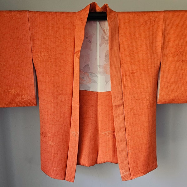 Japanese Silk Kimono Jacket - Silk Kimono Jacket - Soft Orange Jacquard KY468