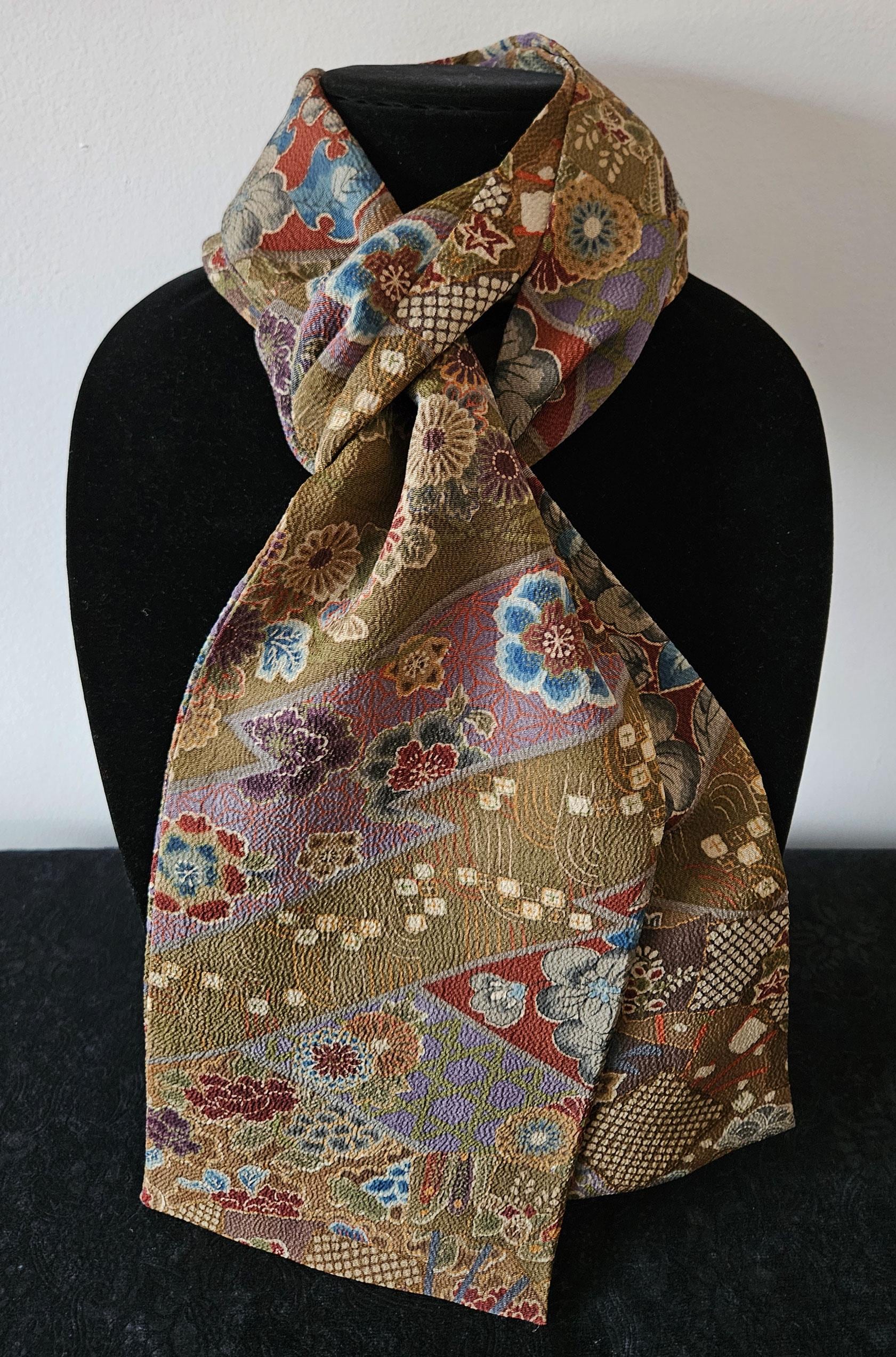 Japanese Silk Kimono Scarf S4099 - Olive and Smoky Purple Chirimen Silk