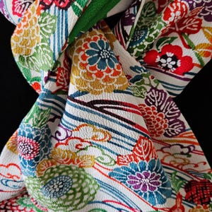 Japanese Kimono Scarf S3821 - Colorful Chirimen Silk Katazome Dyed - Etsy